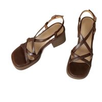 Thick Sole Thick High Heeled Leather Roman Sandals For Women Versatile Full Leather Round Toe