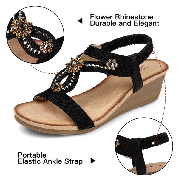 Womens Wedge Sandals Flower Low Heel Dressy Sandals Elastic Ankle Strap Rhinestone Summer Comfortable Shoe
