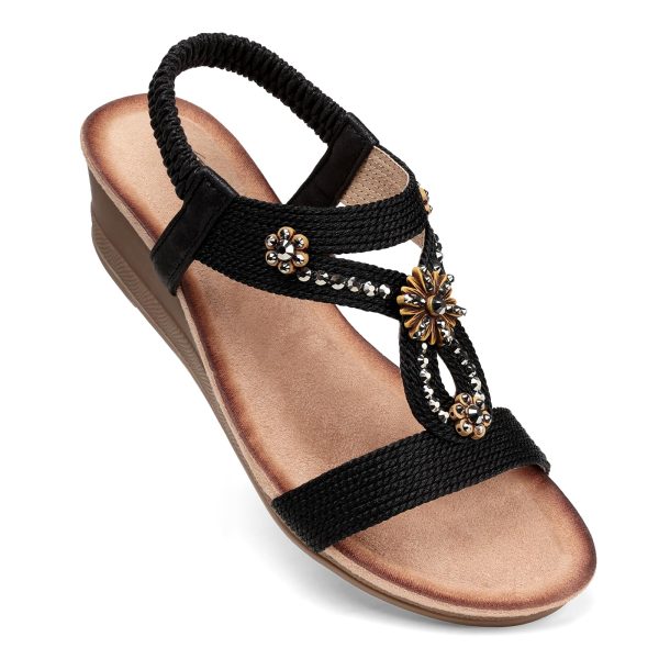 Womens Wedge Sandals Flower Low Heel Dressy Sandals Elastic Ankle Strap Rhinestone Summer Comfortable Shoe