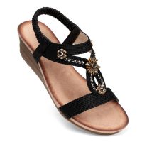 Womens Wedge Sandals Flower Low Heel Dressy Sandals Elastic Ankle Strap Rhinestone Summer Comfortable Shoe