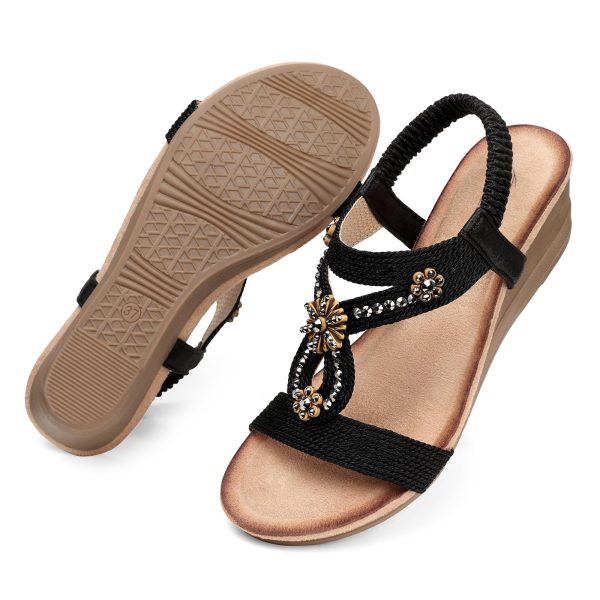 Womens Wedge Sandals Flower Low Heel Dressy Sandals Elastic Ankle Strap Rhinestone Summer Comfortable Shoe