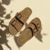 Genuine Leather Mens Sandals with Memory Foam Natural Cork Footbed Slides for Men Footwear - Non-Slip Double-Strap Buckle Summer