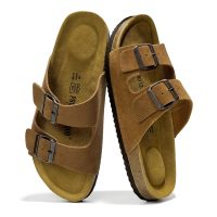 Genuine Leather Mens Sandals with Memory Foam Natural Cork Footbed Slides for Men Footwear - Non-Slip Double-Strap Buckle Summer