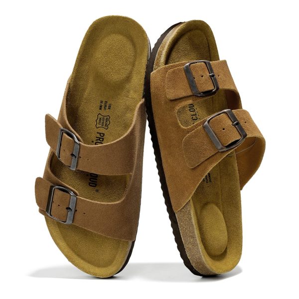 813EVRHnOBL.jpg Genuine Leather Mens Sandals with Memory Foam Natural Cork Footbed Slides for Men Footwear - Non-Slip Double-Strap Buckle Summer