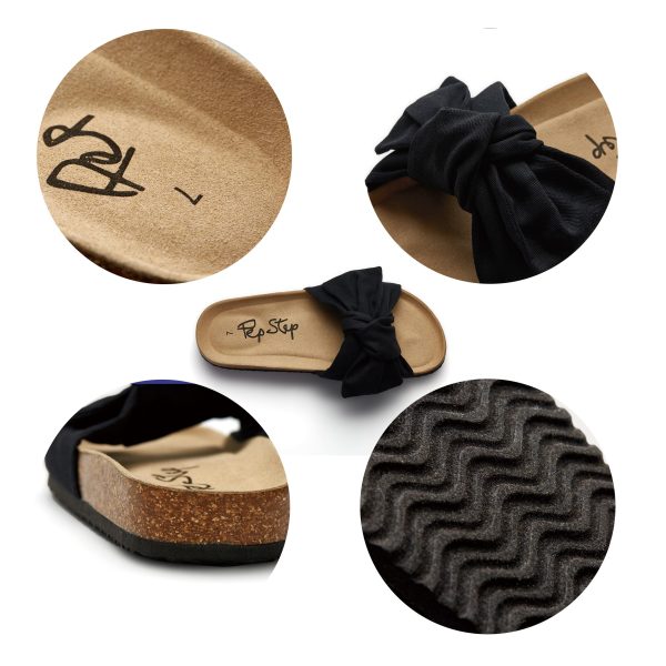 81kec3QeNGL.jpg Slide Sandals for Women or Ladies Dressy Summer Casual, Cute Bow Tie Knot On Top Strap, Comfy Slip On Cork Foot Bed