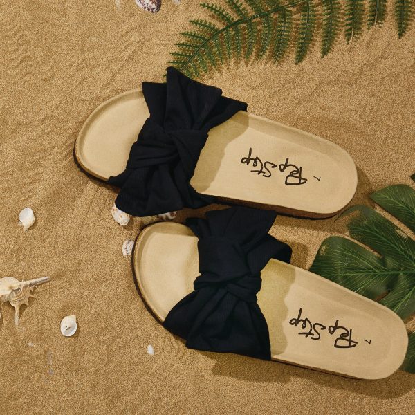 A1MzlExgSML.jpg Slide Sandals for Women or Ladies Dressy Summer Casual, Cute Bow Tie Knot On Top Strap, Comfy Slip On Cork Foot Bed